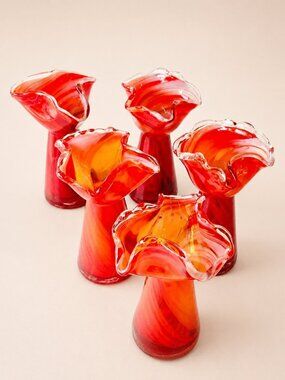 💎 Lefton  Set of 5 Vintage Red Ruffle Vases 💎